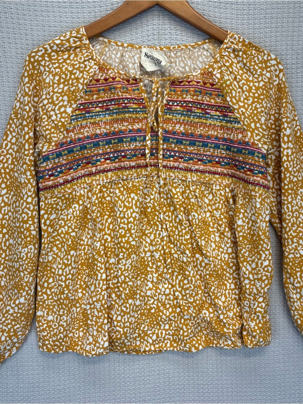 Savanna Jane Top Women’s S Yellow Long Sleeve Embroidered Boho V-Neck Animal